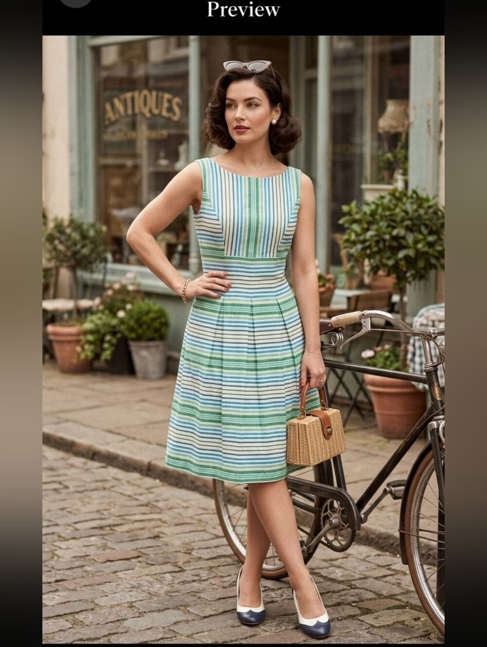 Nine West Cotton Green Striped Pleated Fit & Flare Sleeveless Midi Dress Size 4